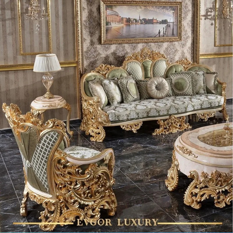 

Пользовательский Европейский дворцовый диван, тканевый дизайн, французская Роскошная резная мебель из цельного дерева для виллы и гостиной