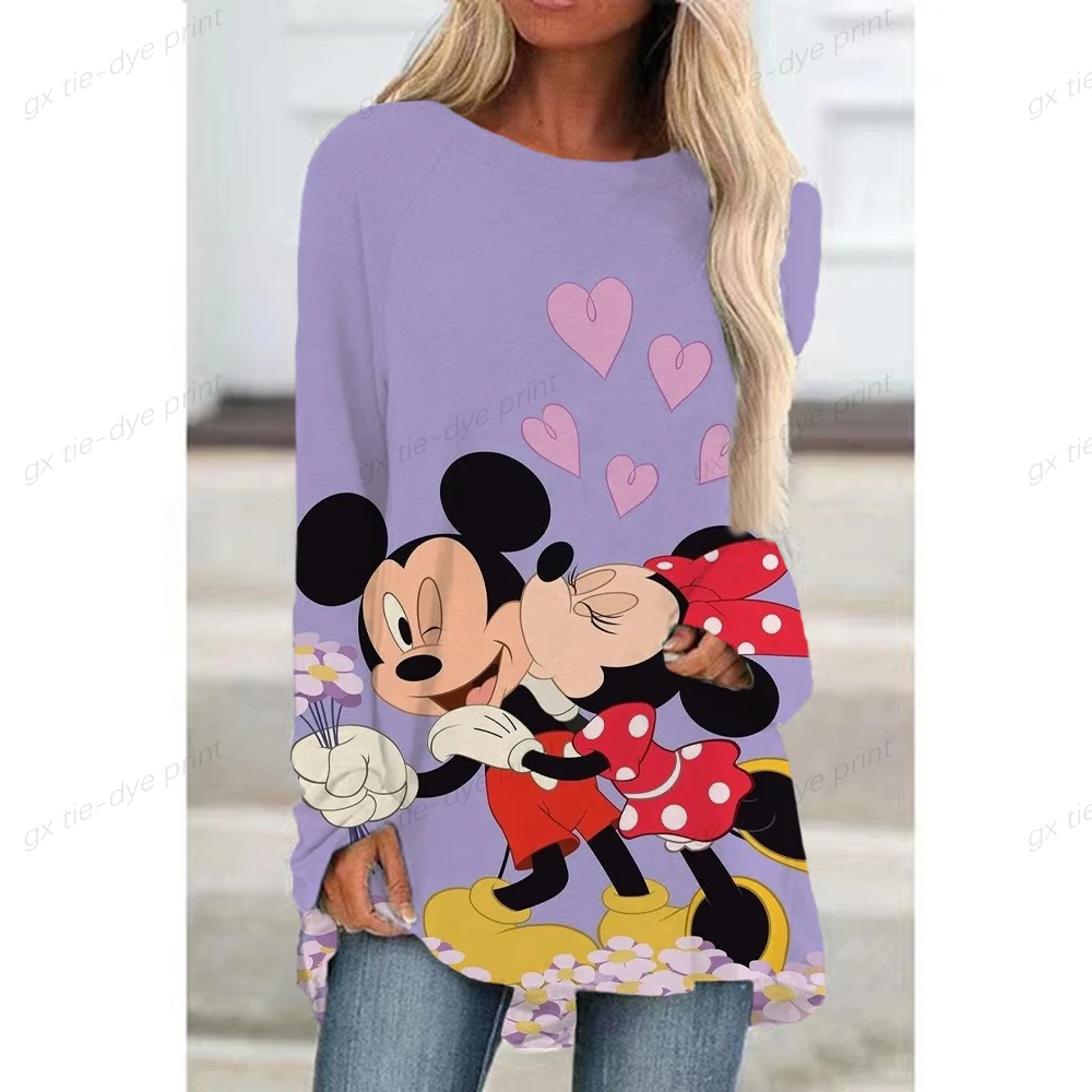 

2022 Autumn Women's Disney Mickey Mouse Printed Painting T Shirt Round Neck Pullover 3D Cartoon Printed Shirts New Loosen Dress