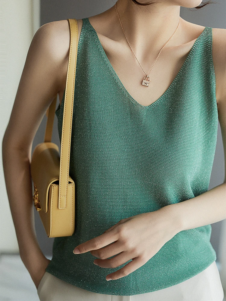 

V Neck Tank Top Women 2022 Summer New Bright Silk Knitted Camisole Women Casual Tank Tops Sleeveless Vest Korean Woman Clothes