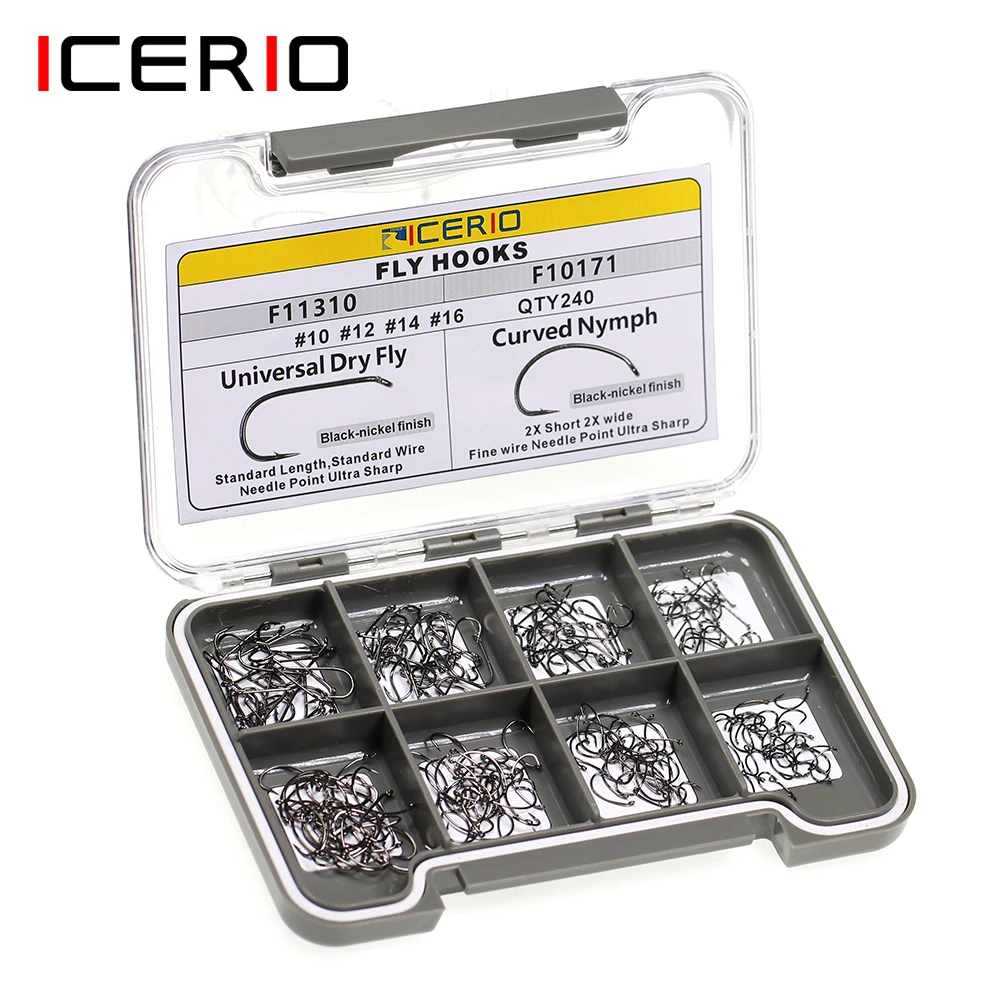 ICERIO 240PCS Fly Tying Hooks with Box Dry Wet Barbed Nymph Shrimp Caddis Pupae Flies Curved Czech Scud Fishing Hook