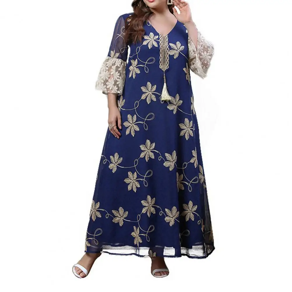 

Plus Size Long Dress Tassel Decor Shrink Resistant Women Dress Women Traditional Embroidery Flower Pattern Robe Dress