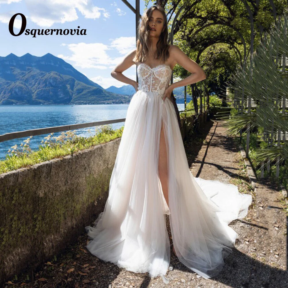 

Osquernovia Illusion Wedding Dresses High Slit Sweetheart Lace Appliques Backless Tulle Zipper A-line 2023 Vestido De Noiva
