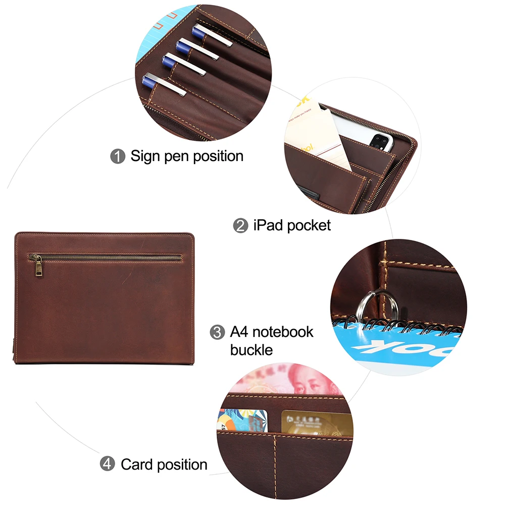 Handbag 12.9 inch laptop zipper bag multifunctional Ipad bag A4 paper High capacity leather tablet case Business Casual