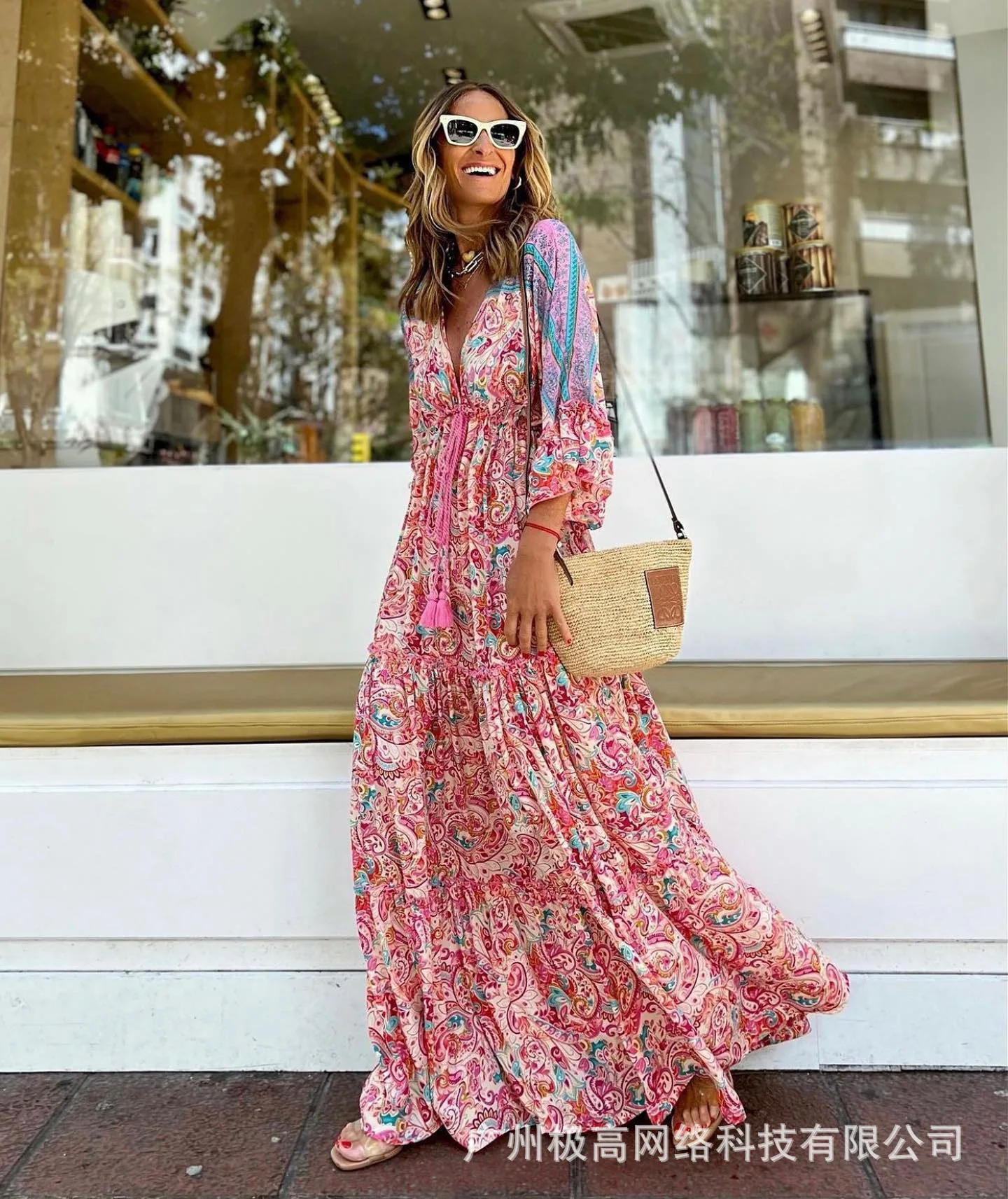 

Paisley Print Bell Sleeve Drawstring Maxi Dress Women Long V Neck Party Evening Floral Flower High Waist Dress