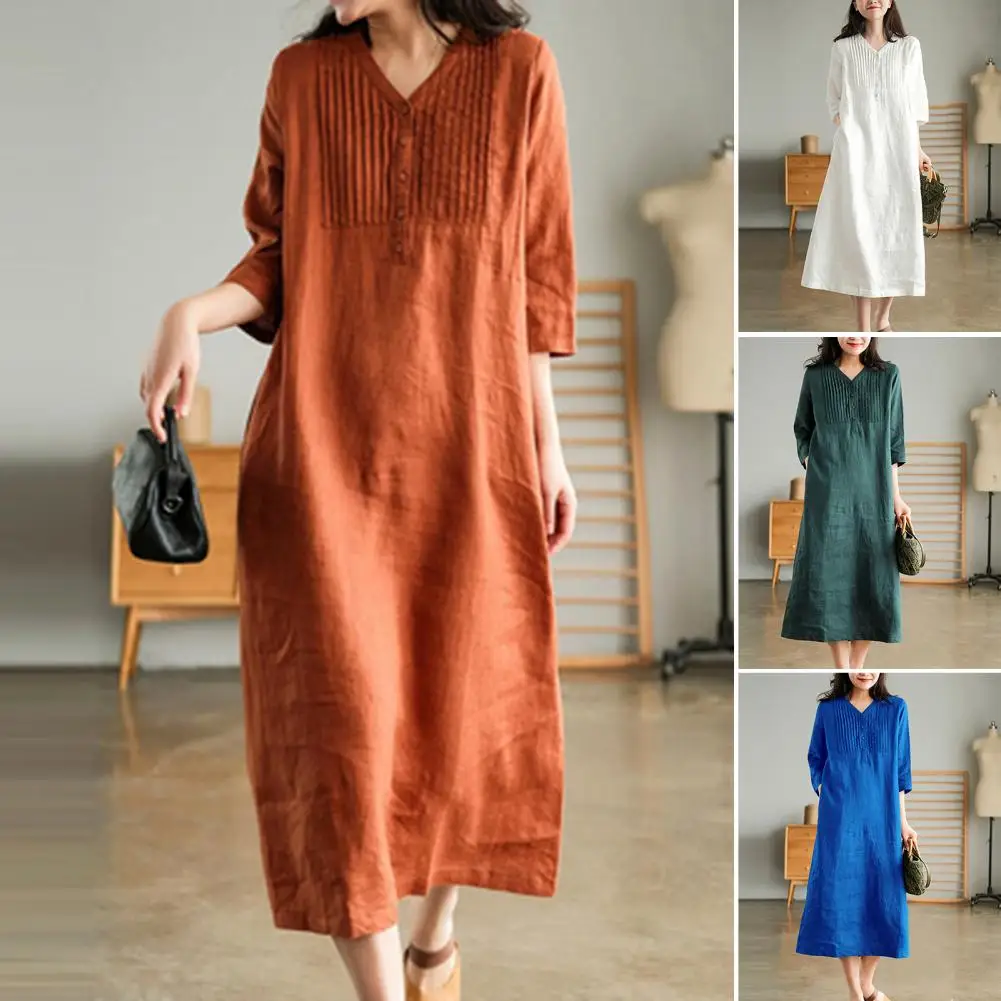 

V-neck Pleated Buttons Half Placket Slant Pockets Plus Size Vintage Dress Spring Summer Half Sleeve Solid Color Midi Dress Femal