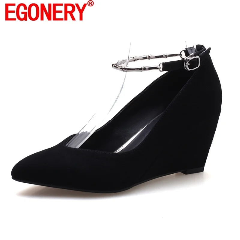 

EGONERY Woman Fashion Pumps Pointed Toe Wedges High Heels Real Sheep Suede Leather Upper Office Ladies Outside Party Pumps Ladie