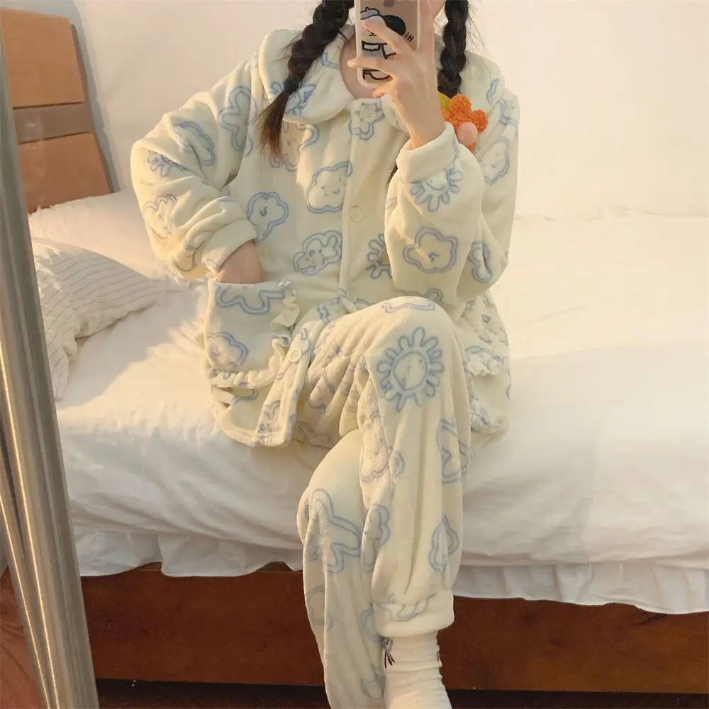 Yasuk Autumn Winter Cute Women's Casual Lovely Sweet Girl Warm Soft Sleepwear Loose Pajamas With Pants Cloud Velvet Simple