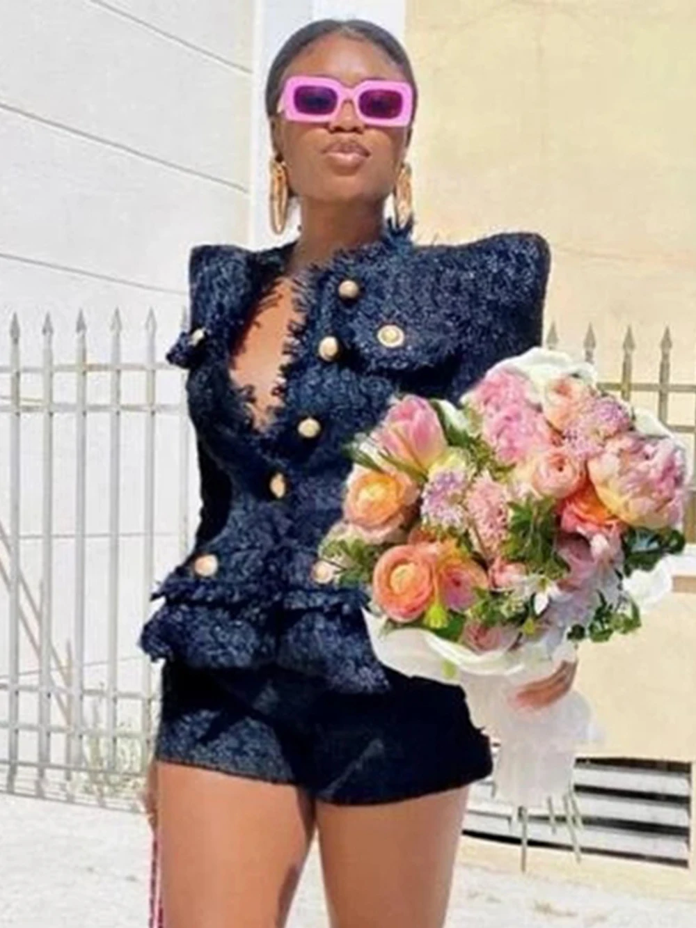 Женский элегантный твидовый костюм Белый однобортный пиджак с бахромой и шорты