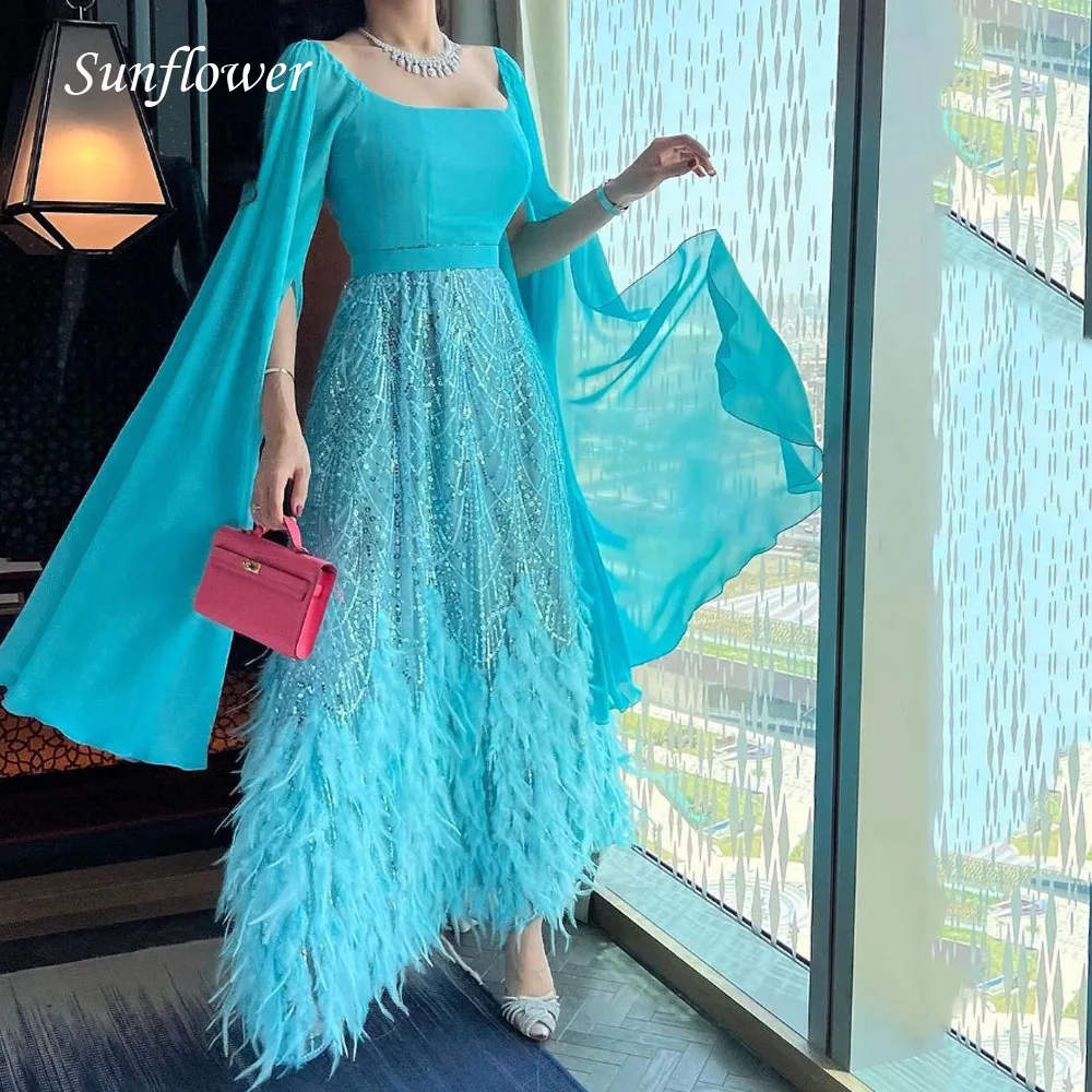 

Sunflower O-Neck Prom Gowns Ankle-Length Mermaid Evening Dress Feathers Appliques Party Dress 2023 Chiffon High-end customized