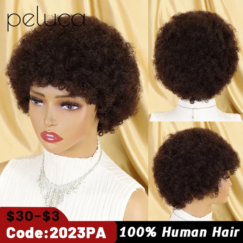 Full Machine Short Afro Curly Human Hair Wigs Brazilian Remy Human Hair Wig Short Pixie Cut Wig Fort Black Women Sassy Brown