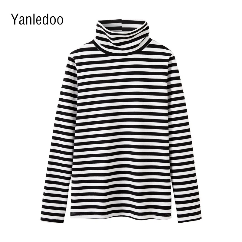 

High Collar Striped Thickened Tops Bottomed Shirt For Women's Inner Autumn Winter New Pile Collar Long Sleeve T-shirt Clothing