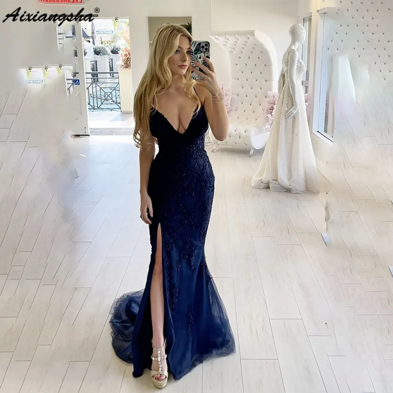 

Aixiangsha Lace Evening Gown High Slit Plunging V-neck Sweetheart Neckline Prom Dress Tulle Appliques For Elegant Women Custom