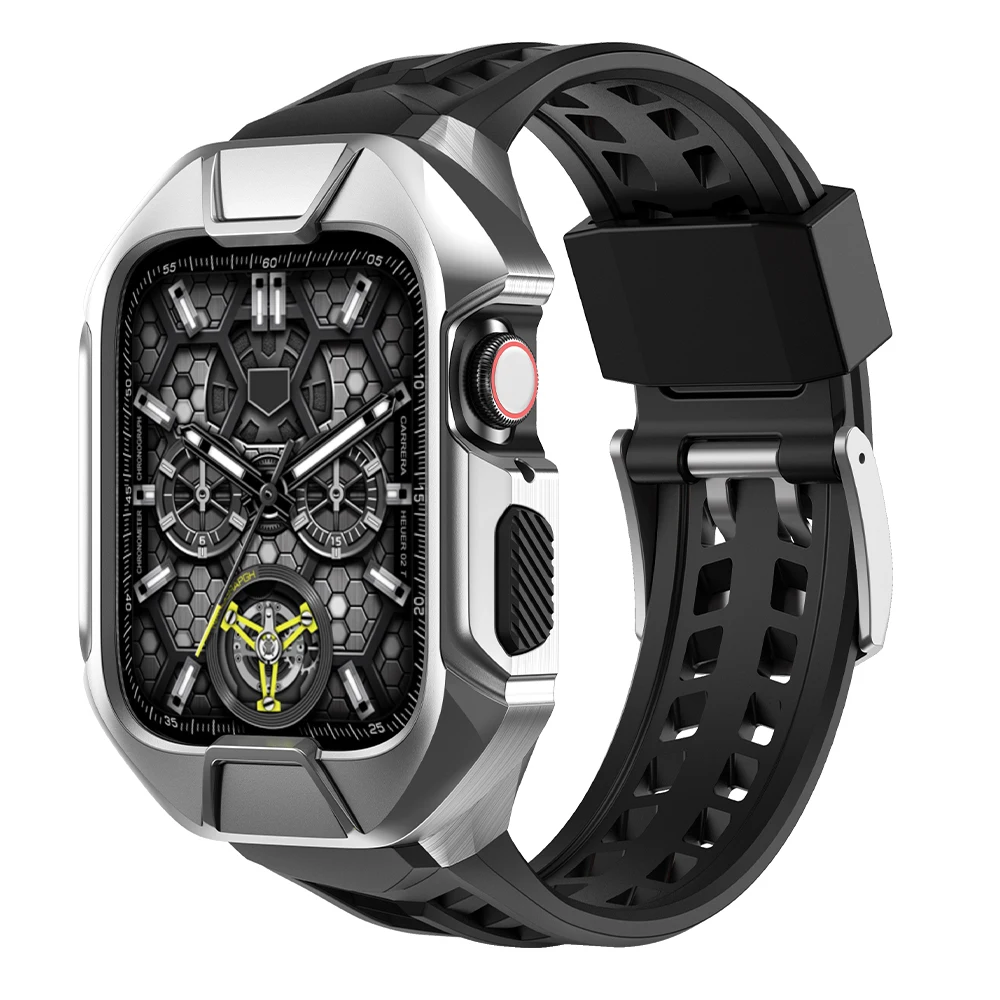 Stainless Steel Case Rubber Strap for iWatch Series 7 44MM 45MM Metal Modification Kit For Apple Watch Band 6 5 4 SE Diy Mod Set