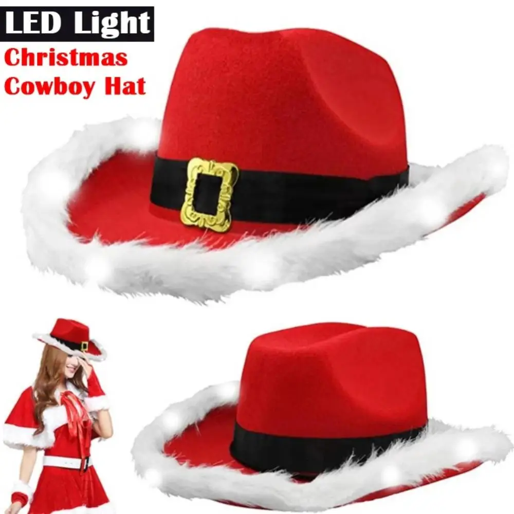 

Santa Claus Party Christmas Luminous Cowboy Hat Western Red Felt Hats Wide Brim Cowgirl Hat Jazz Hat for Women Men