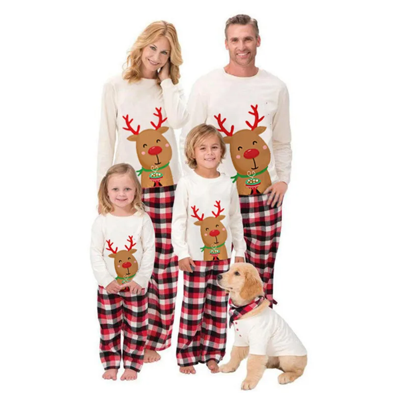 

Matching Family Christmas Pajamas, Long Sleeve Cartoon Deer Tops + Plaid Pants Set Loungewear
