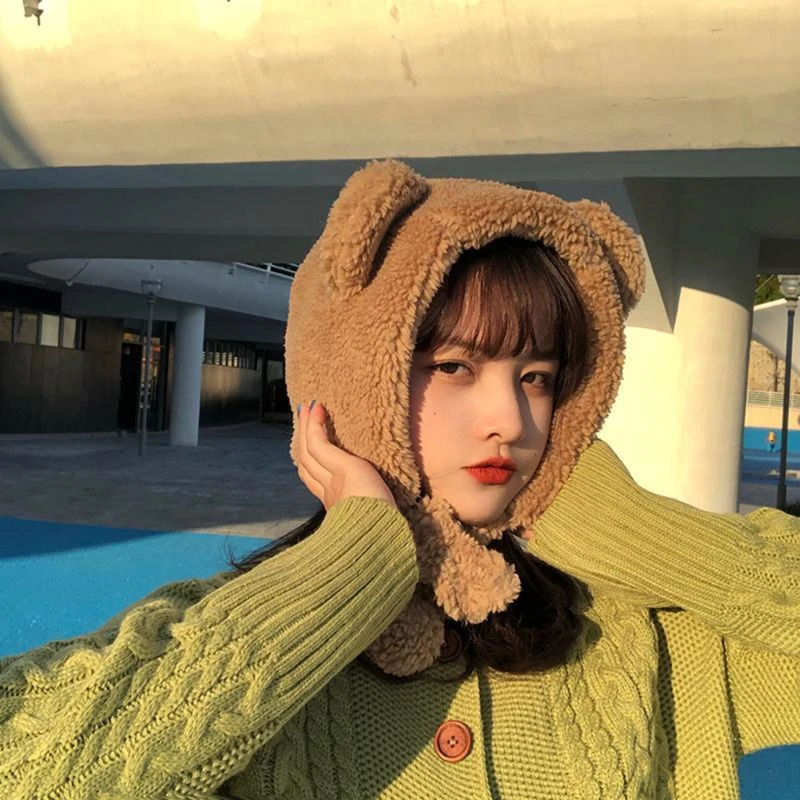 

Newest Skullies & Beanies Cartoon Cute Bear Ear Novelty Hats Keep Warm Winter Outdppr Women Casual Plush Hat Scarf Set Caps