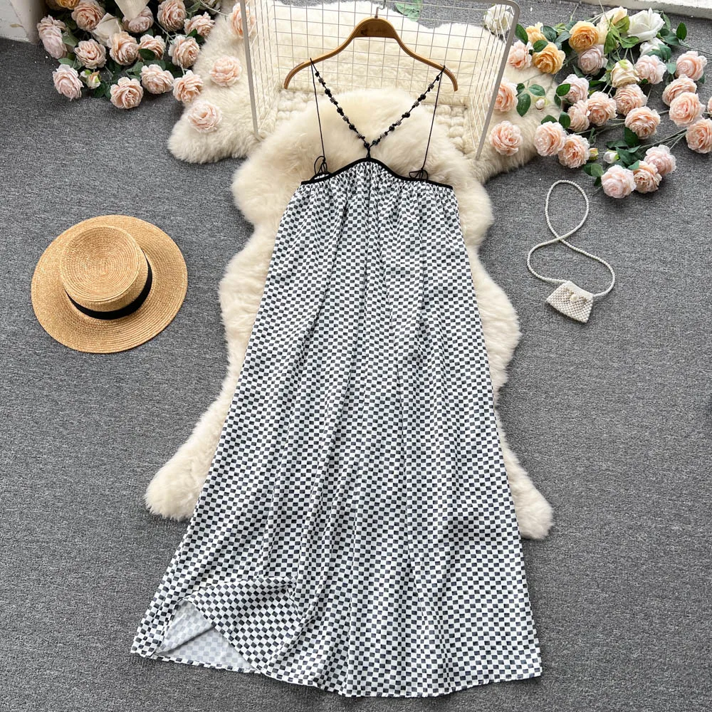 

Женское винтажное пляжное платье, свободное трикотажное платье во французском стиле в стиле бохо с перекрестным вырезом, черное, белое, Шахматное платье, лето