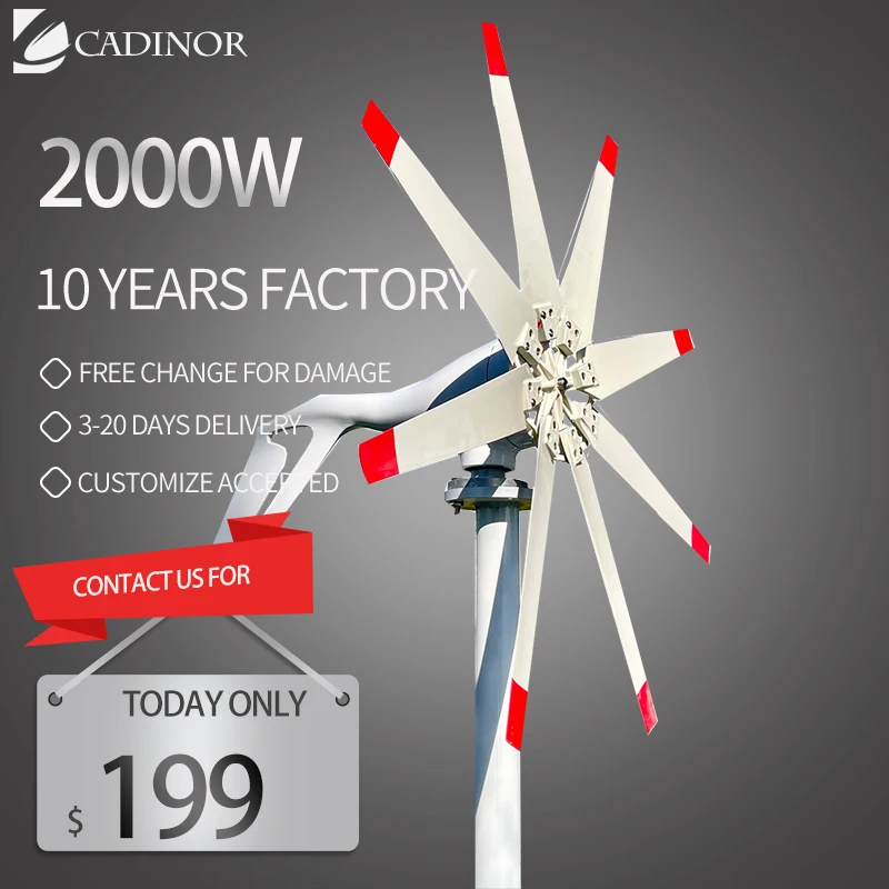 

2000W Low Noise Horizontal Wind Turbine Generator 3 Phase 12V 24V 48V Home Use 8 Blades Windmill Alternator With Mppt Controller