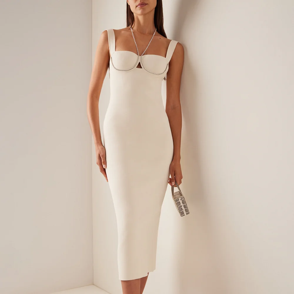 

2023 New Summer White Elegant Dress for Women Crystal Chain Halter Design Sexy Backless Bodycon Bandage Midi Dresses Club Party
