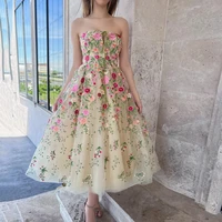 strapless floral prom gown modern tea length lace appliques tulle cocktail party dresses robe de soir%c3%a9e femme vestidos de gala