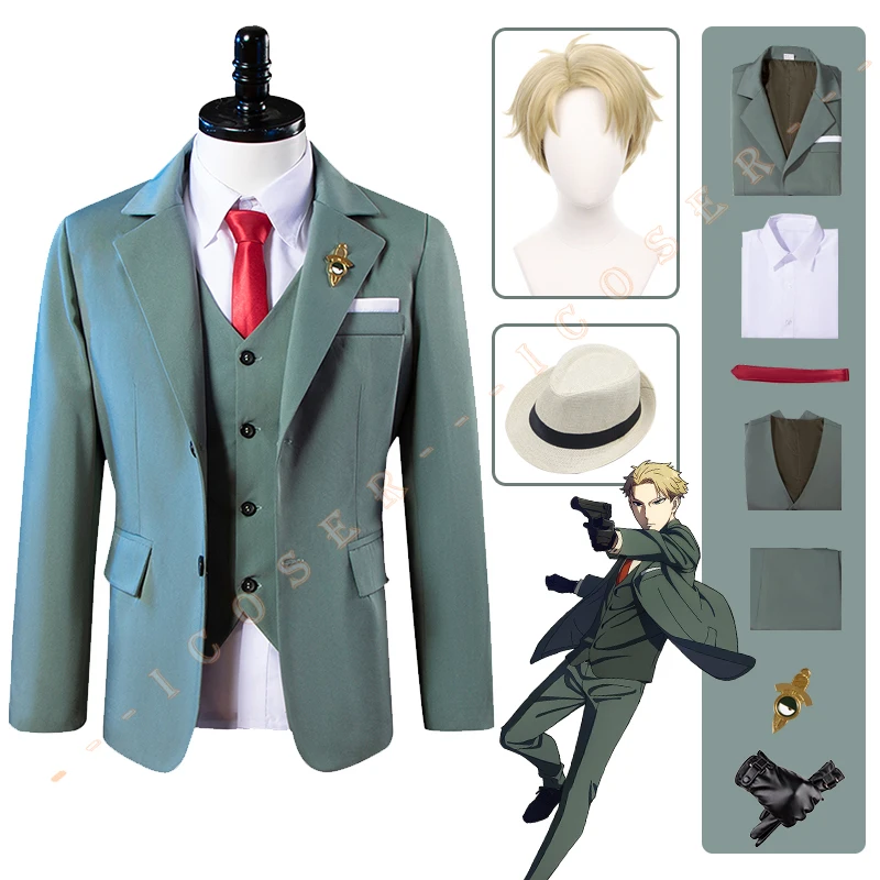 

Anime Spy X Family Loid Forger Cosplay Costume Green Suit Blond Wig Hat Brooch Twilight Outfit Pants Gloves Men Halloween Party