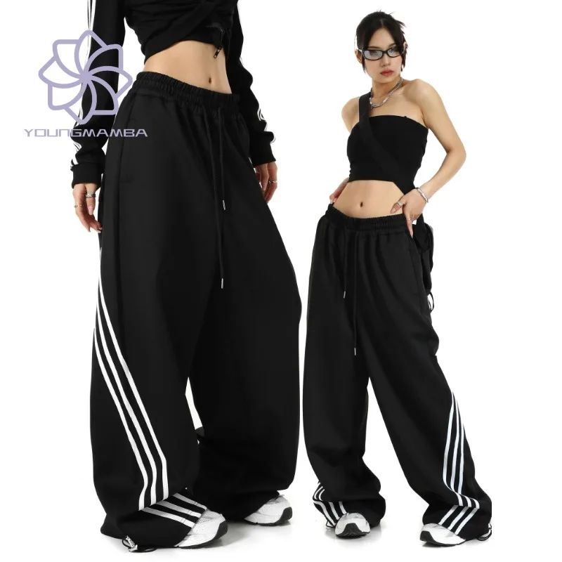 

Striped Black Wide Leg Sports Pants for Women Spring American Retro Casual Loose Pants Trend Female Straight Trousers