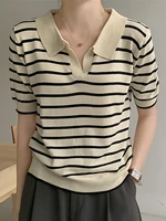 striped knitted crop top t shirt women tee shirt femme 2022 summer short sleeve tshirt korean style clothes camisetas de mujer