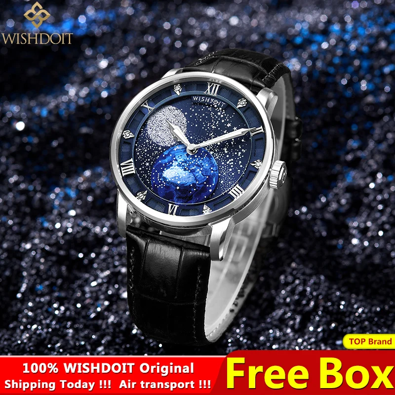 

100%Original WISHDOIT Men Automatic Mechanical Watch Leather Waterproof Luminous Starry Watches Casual Fashion Wristwatches