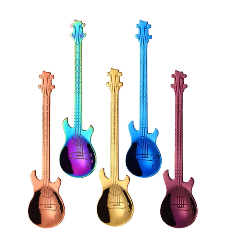 

304 Stainless Steel Spoons Guitar Shaped Coffee Tea Spoons Flatware Drinking Accessories Drinking Tools 5 Colors Choose