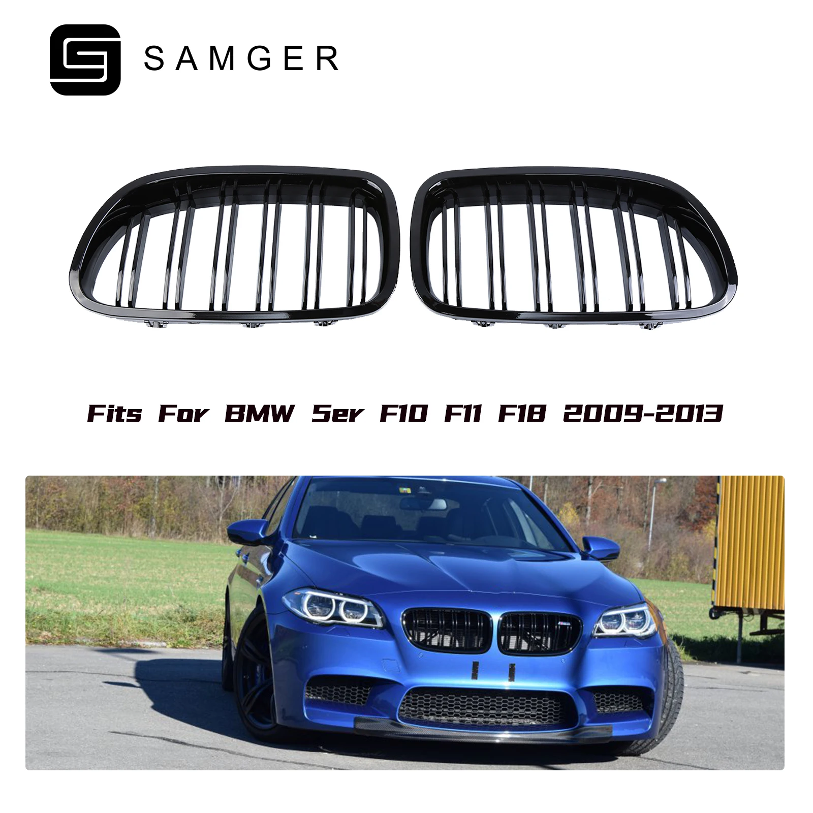

Samger 1Pair Kidney Grille Gloss Black Double Slat Kidney Front Grille for BMW 5 Series F10 F11 F18 2009-2013 51137261356