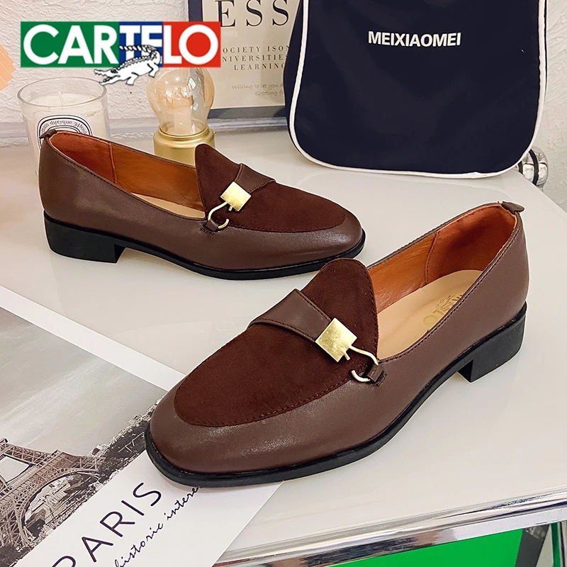 CARTELO Fashion Metal Hook Shoes Women Flats Suede Casual Loafers 2023 Spring New Designer Women Pointed Toe Shallow Boat Shoes