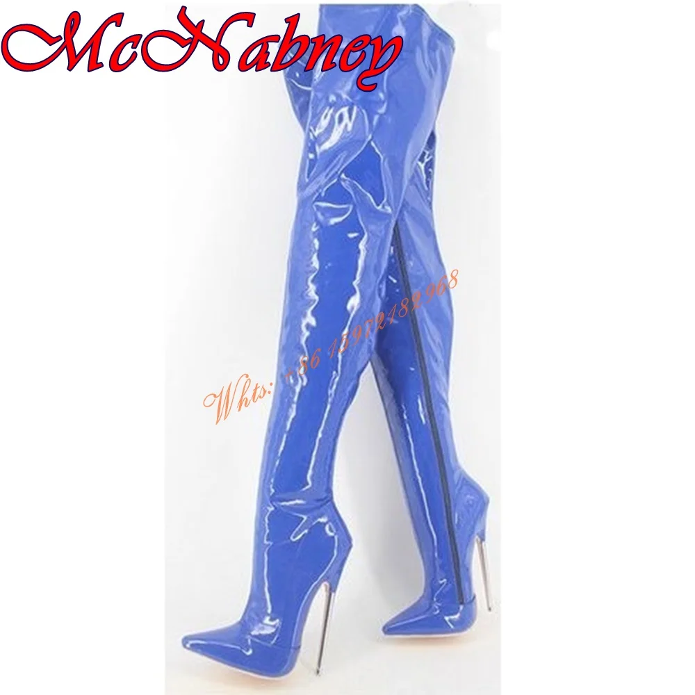 Metal Stiletto Heels Pointy Boots Solid Patent Leather Over the Knee Side Zipper Women Shoes Sexy Super High Heel Long Boots