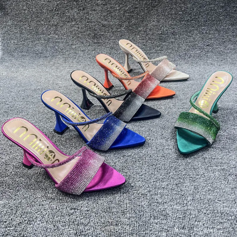 Xibeilove 2023 Fashion Women's Slippers Summer Sexy Pointed Rhinestone Colorful High Heel Slippers Luxury Banquet Wedding Shoes