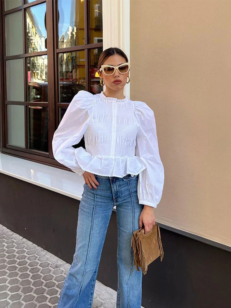 

Элегантный однобортный Топ с длинным рукавом, женская модная белая рубашка с пышными рукавами, новинка сезона весна-лето, повседневная женская уличная одежда