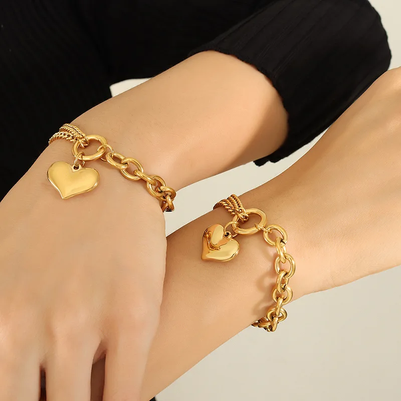 

Amaiyllis 18K Gold Minimalist Personality Hip Hop Cuban Chain Love Bracelet Fashion Stitching Chain Peach Heart Bracelet Jewelry