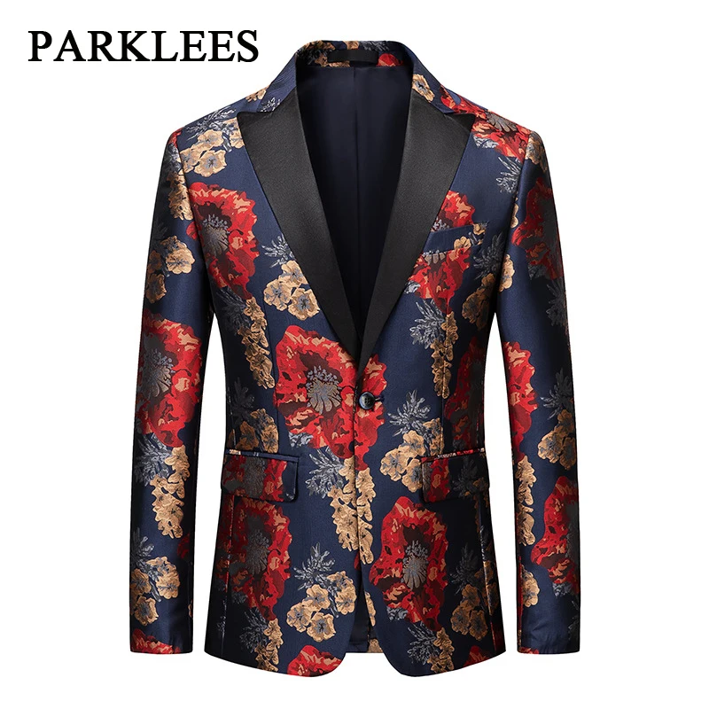 

Parklees Mens Flower Jacquard Dress Blazer Patchwork Collar Single Button Notched Lapel Suit Blazer Party Wedding Banquet Blazer