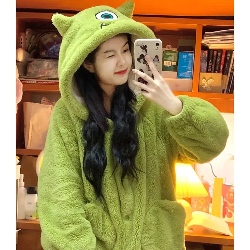 Cartoon Nightdress Winter Soft Homewear Bathrobe Gown Anime Cute Coral Fleece Women Casual Hooded Sleepwear Flannel Nightgowns