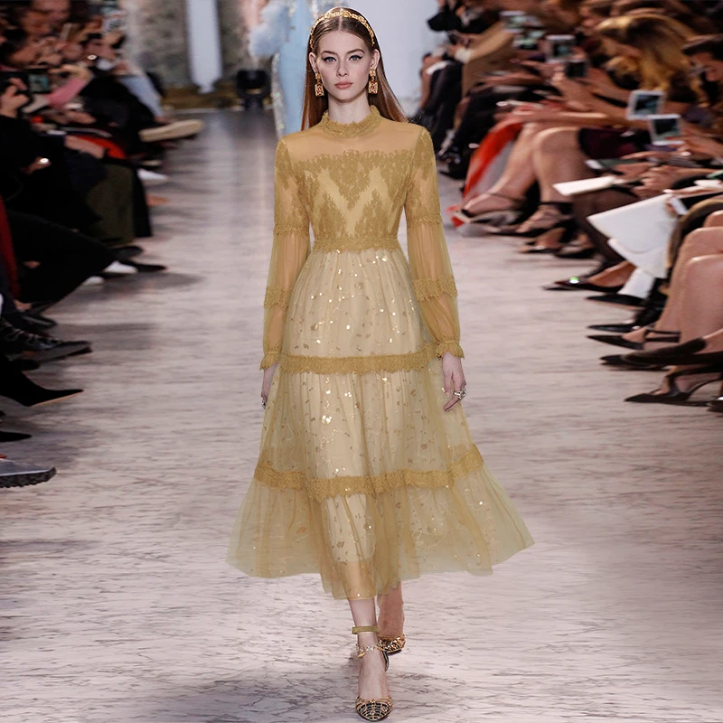 

Женское длинное Сетчатое платье, модельное элегантное праздничное платье с блестками и кружевной вышивкой, весна-осень