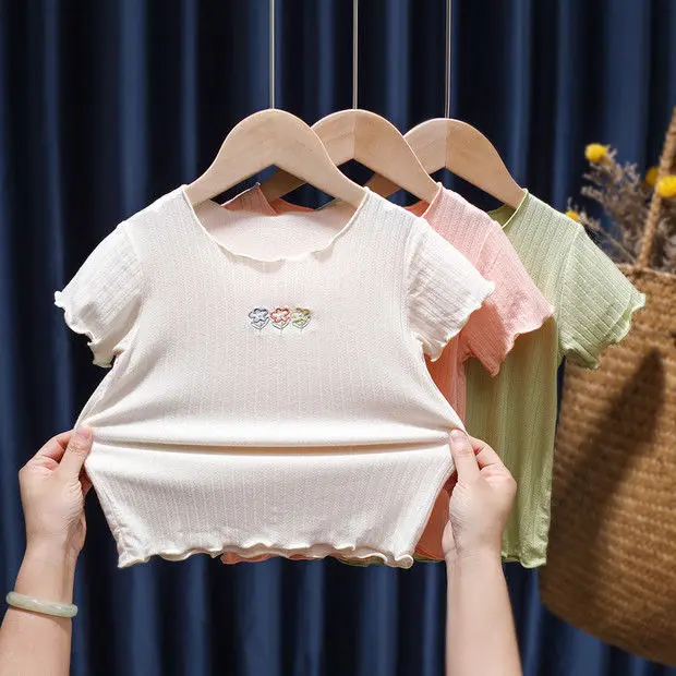 

Summer Children's T Shirt for Girls Flowers Embroidery Soft Cool Tees Kids Casual Tops 1-6 Years