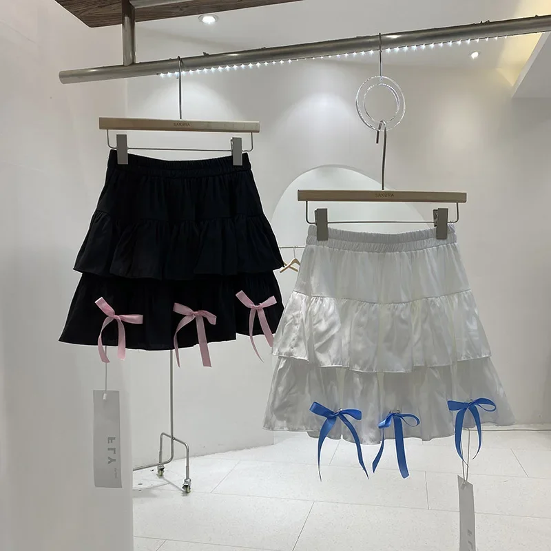 Jirai Kei Юбка с бантом и лентой Женская летняя юбка листьями лотоса по краям Белые