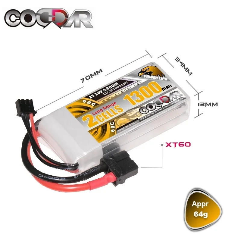 

CODDAR Lipo 2S 7.6V Battery 1300mAh 60C Max 120C HV With XT60 EC5 T XT90 Plug For RC Drone FPV Quadcopter Helicopter Airplane