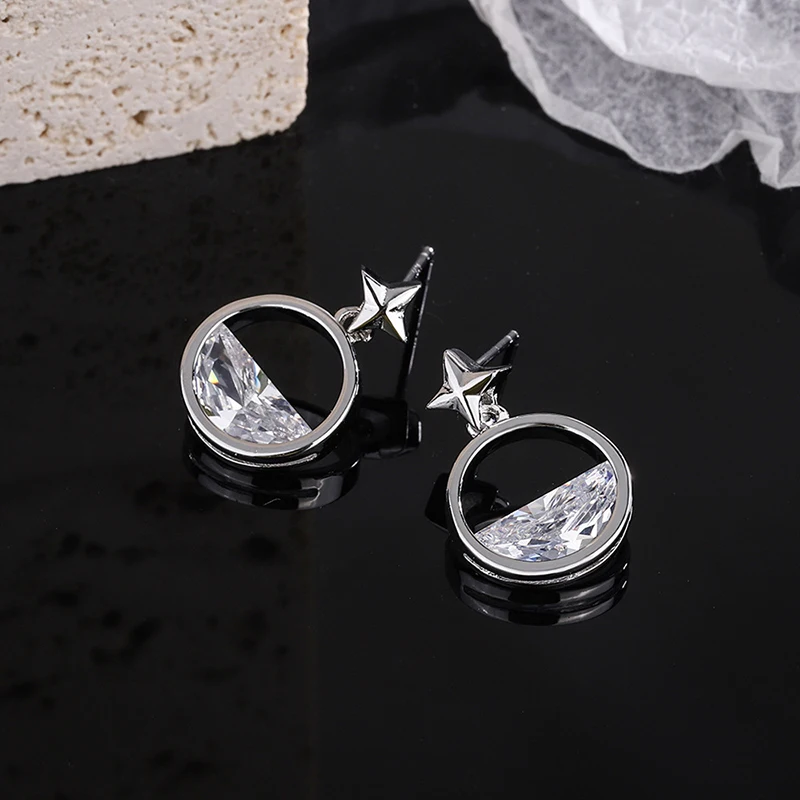 Women's New Fashion Star Stud Earrings Cubic Zircon Stone Golden/White Ear Stud With Round Circle Pendants Female Ear Jewelry