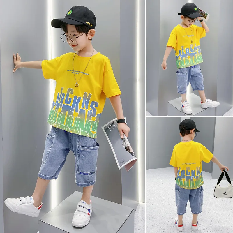 2023 New Children's Suit Baby Boys Clothes 2-piece  Set Korean Summer Version Tide Boys Set Yellow Letter Tshirt+Denim Shorts