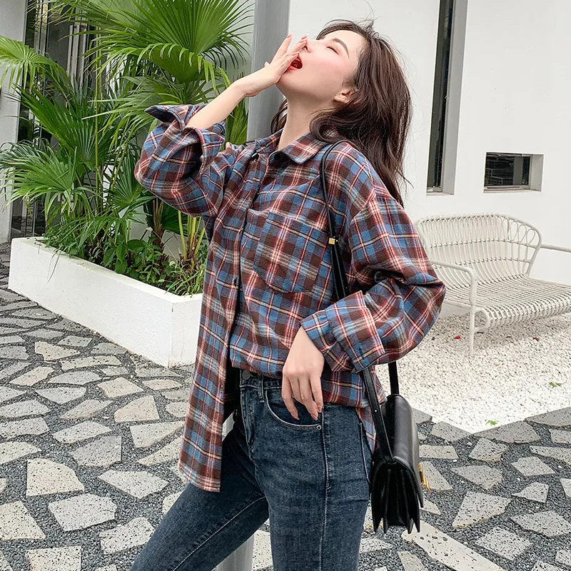 Блузка женская свободного кроя в клетку 100% хлопок с длинным рукавом