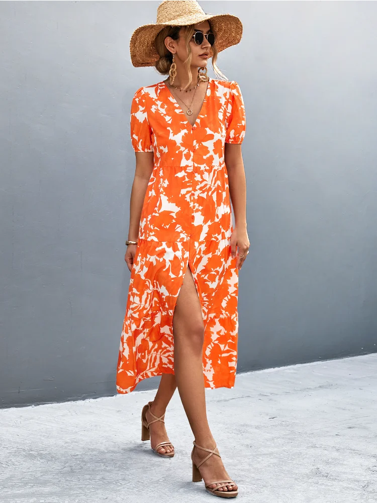 

Women Summer Print Floral Maxi Long Dress Elegant Casual Fashion Office Lady Slim V Neck Pullover Short Sleeve Dress New 2023