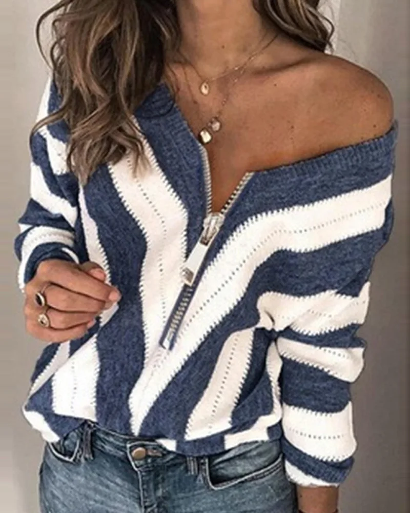 

Chevron Pattern Zip Front Long Sleeve Sweater Women Long Sleeve V Neck Loose Fashion Casual Sweaters Knitwear Pullover