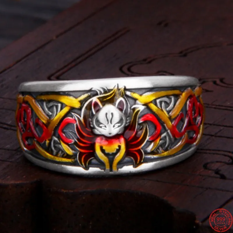 

S999 Sterling Silver Rings for Women 2023 New Women's Fashion Enamel Peach Blossom Nine-tailed-fox Vintage Ethnic Style Jewelry