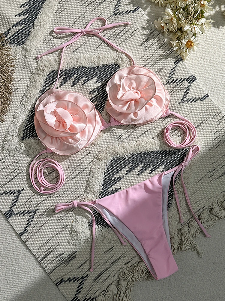 Комплект бикини с 3D цветами Модный женский купальник со шнуровкой и разрезом