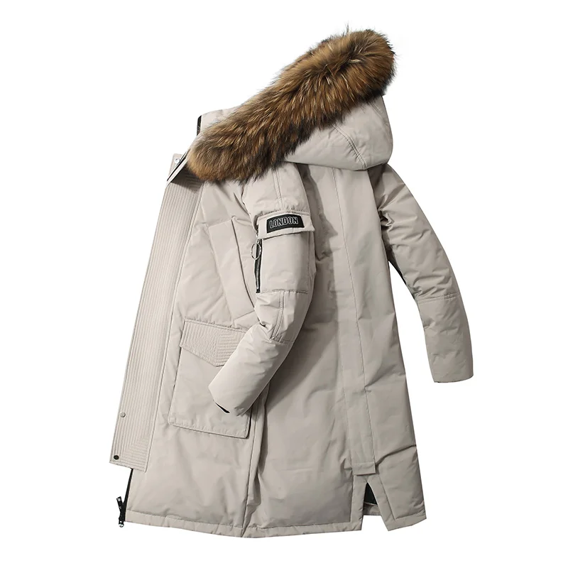 Detachable fur hooded white duck down warm winter jacket - 30 degree Multi Pocket hooded men's coat