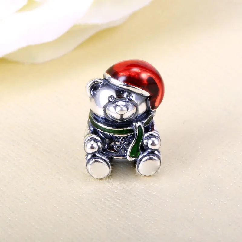

925 Sterling Silver Christmas Bear with Red Enamel Charm Bead Fits European DIY Style Bracelets Necklaces